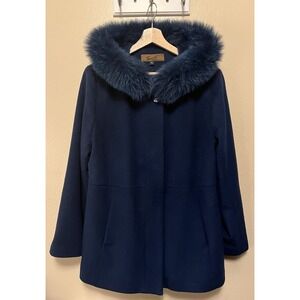 Sachi Collection Genuine Fox Fur Trim Hooded Wool Blend Pea Coat Teal Blue Sz XL